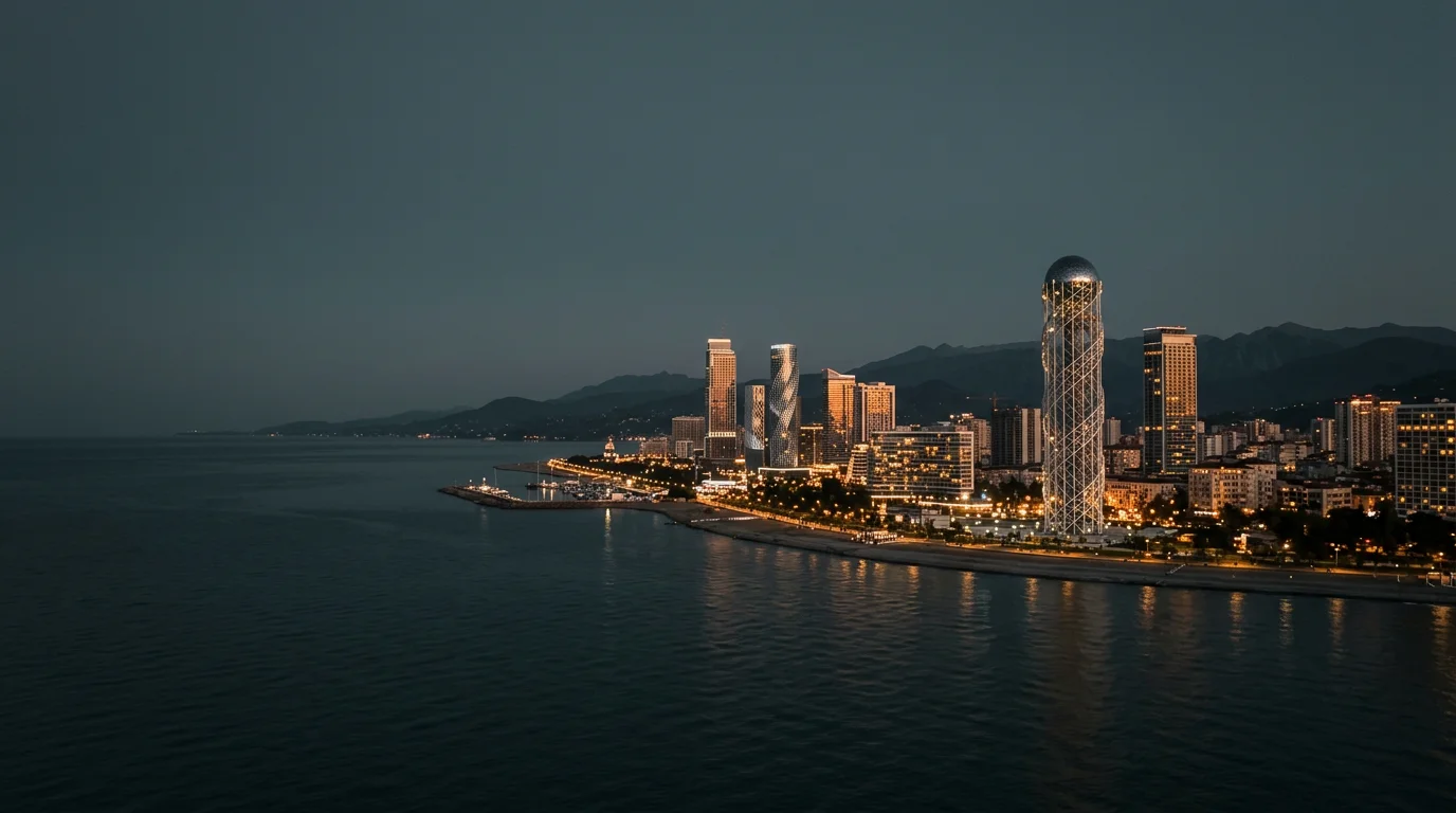 An atmospheric interpretation of Batumi’s skyline beside the Black Sea at dusk